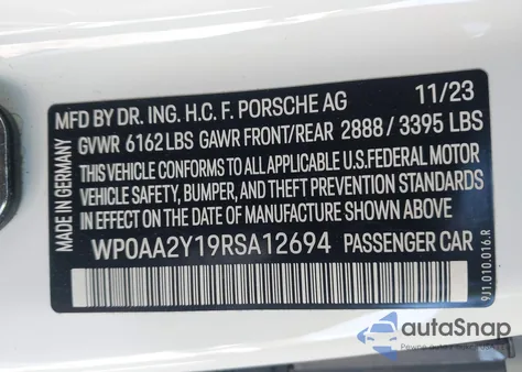 2024 Porsche Taycan from USA, damaged, VIN WP0AA2Y19RSA12694